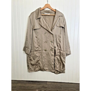 Chicos Jacket 100% Silk Sz 3 Taupe Champagne Satin Finish Double Breasted Classy